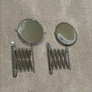 2 Wall Mount Vanity Makeup Mirrors - Silver Chrome Double Sided - Extendable